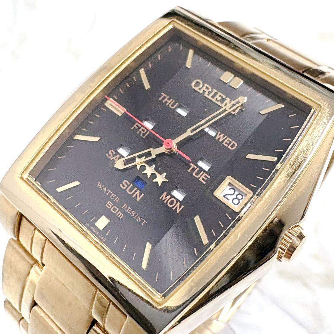 美品✨ORIENT オリエント スリースター 自動巻き デイデイト スクエア型