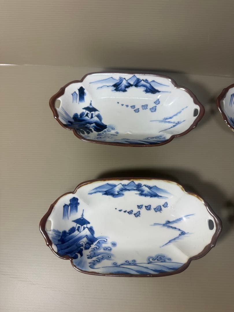 2110 明治大正 伊万里 舟形皿 4客　長山文製 染付山水　時代物