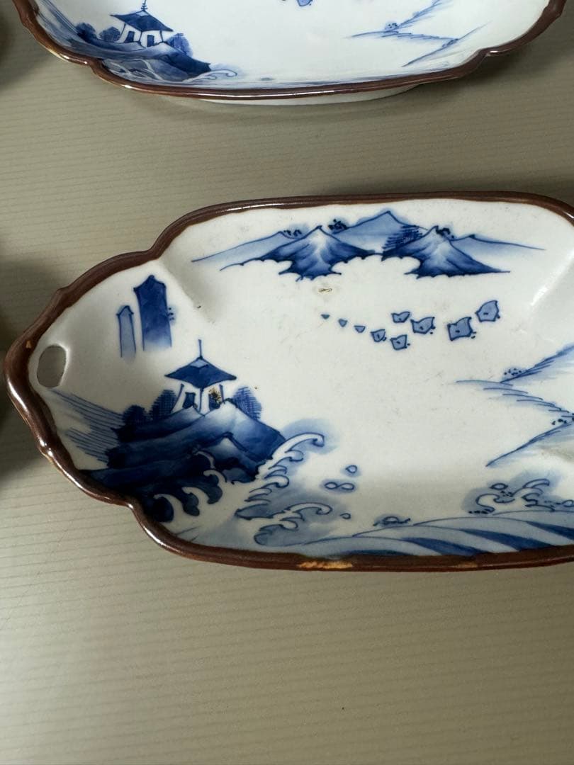 2110 明治大正 伊万里 舟形皿 4客　長山文製 染付山水　時代物