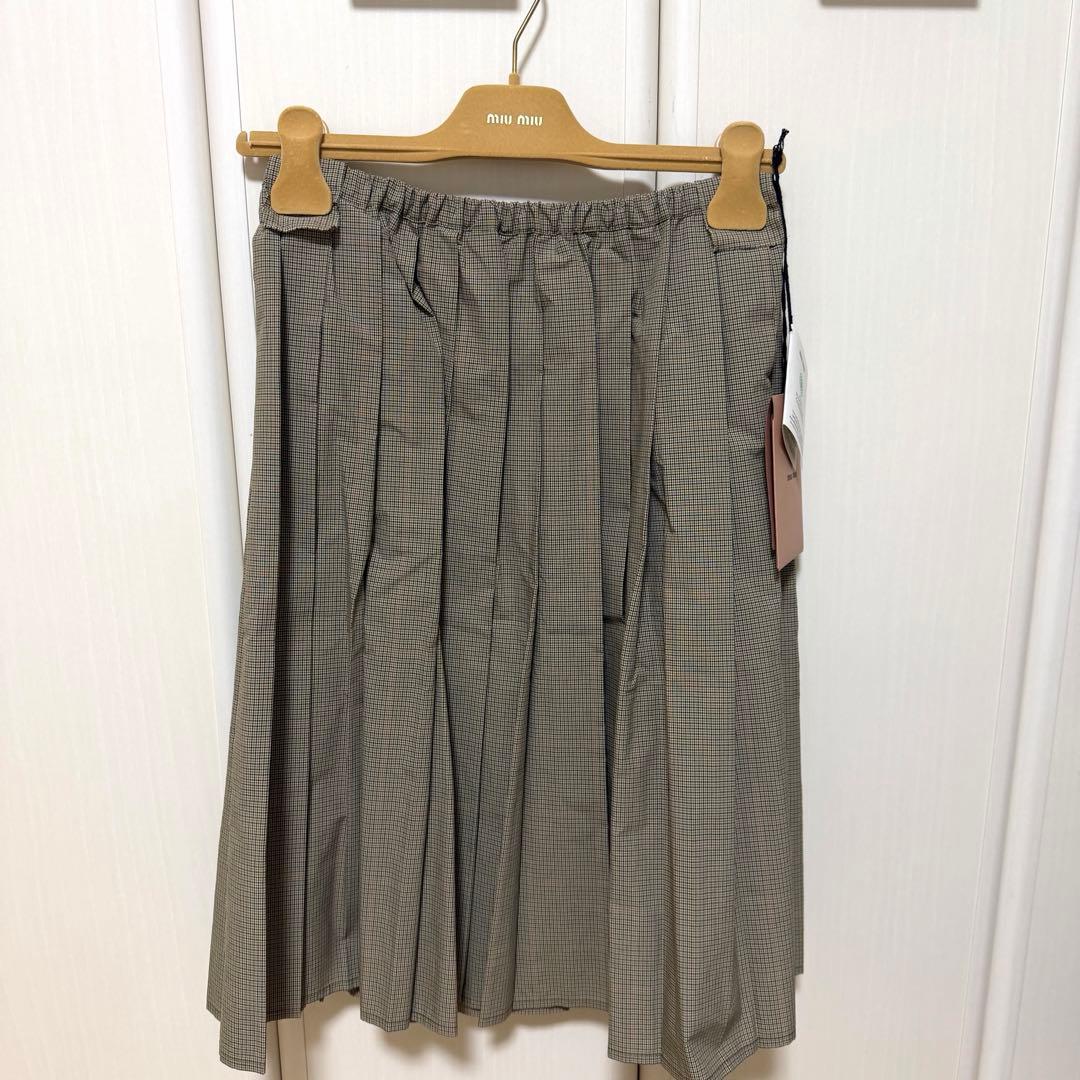 （新品）miumiu プリーツ入りチェックテクニカルファブリック ミディスカート