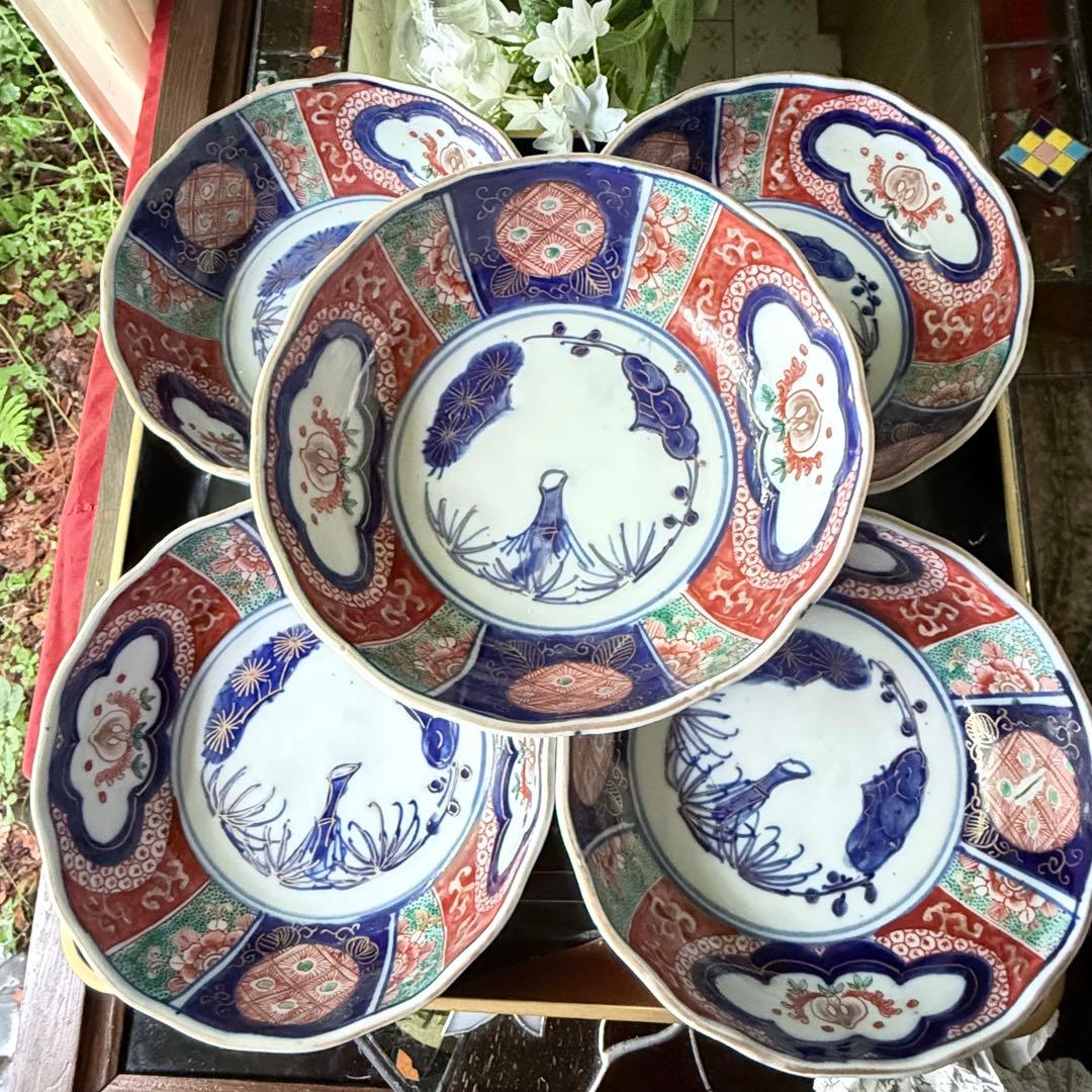 新春特別価格‼️牡丹❌桃　伊萬里桃手松竹梅大膾皿5客　在銘大化年製