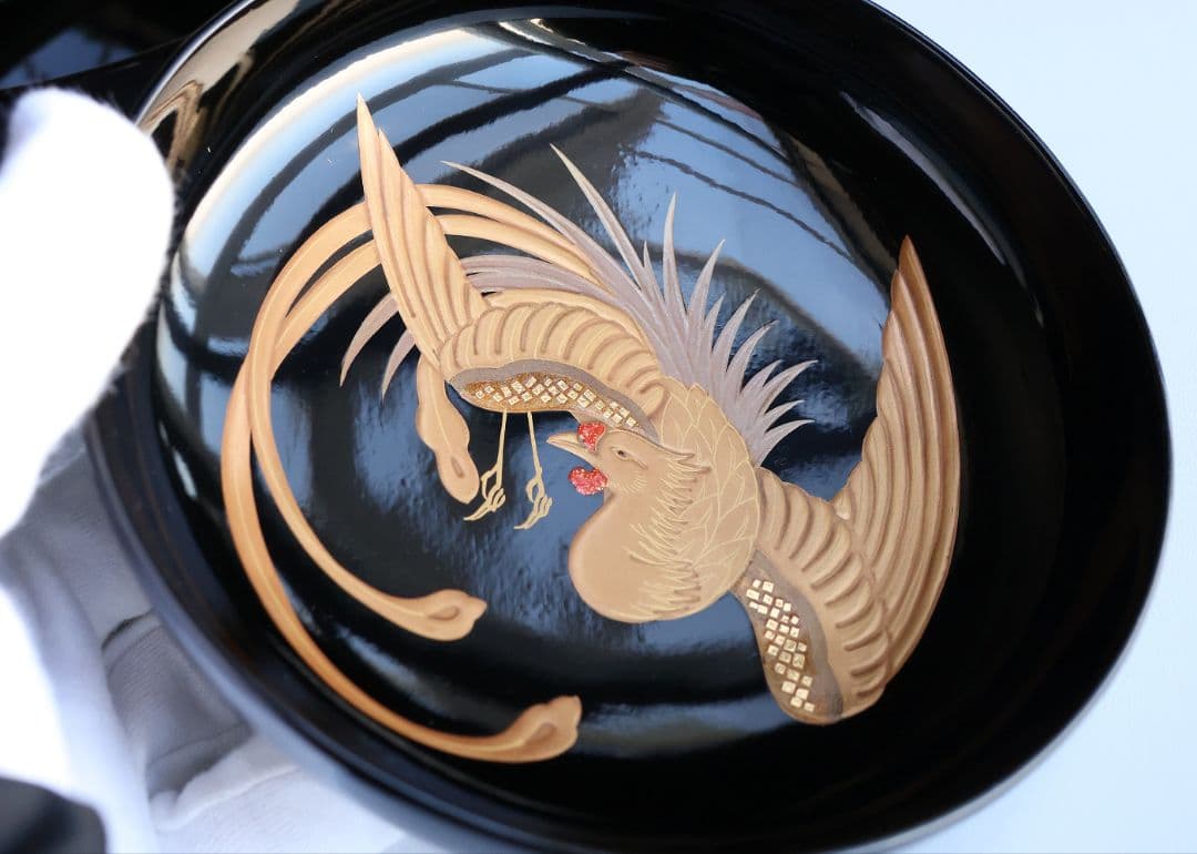 【CM396】天然木漆塗 菊桐鳳凰金蒔絵 黒塗 煮物椀 1客 昭和期 木製漆器