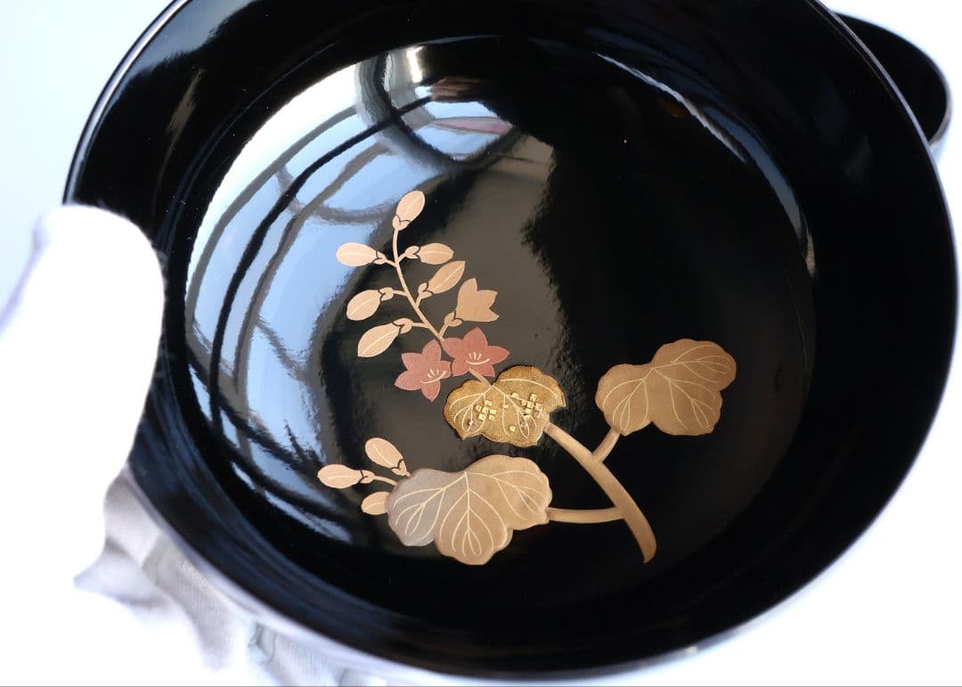 【CM396】天然木漆塗 菊桐鳳凰金蒔絵 黒塗 煮物椀 1客 昭和期 木製漆器