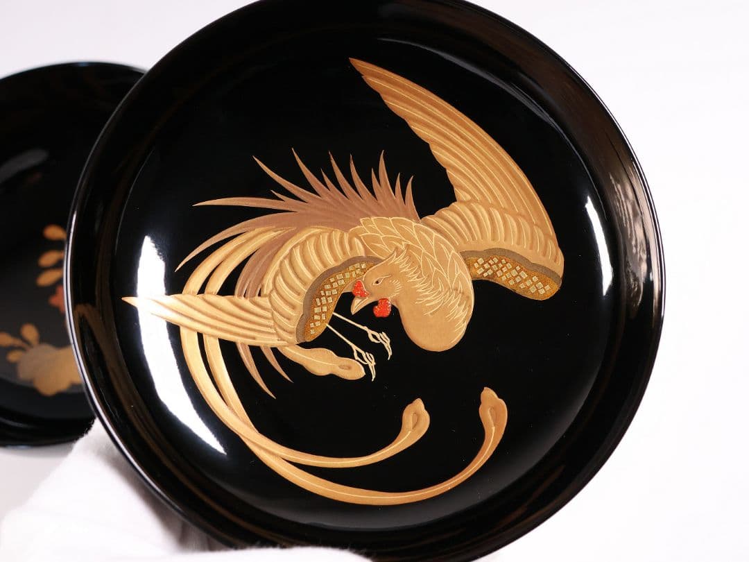 【CM396】天然木漆塗 菊桐鳳凰金蒔絵 黒塗 煮物椀 1客 昭和期 木製漆器