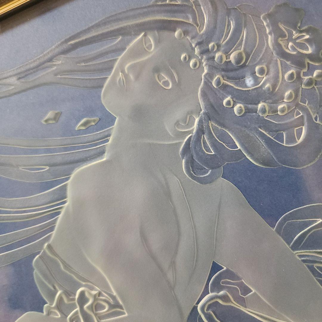 エッチング ガラス彫刻　ヴィンテージアート工芸品　額入り　ミュシャの絵モチーフ