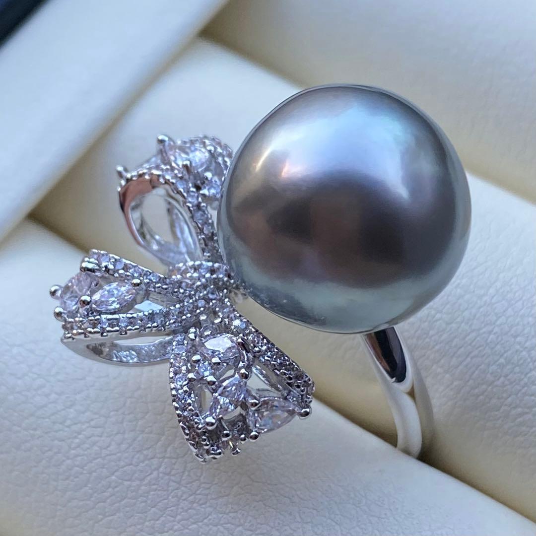 本真珠　南洋黒蝶真珠タヒチパールリング　14*13.5mmグレーグリーンL981