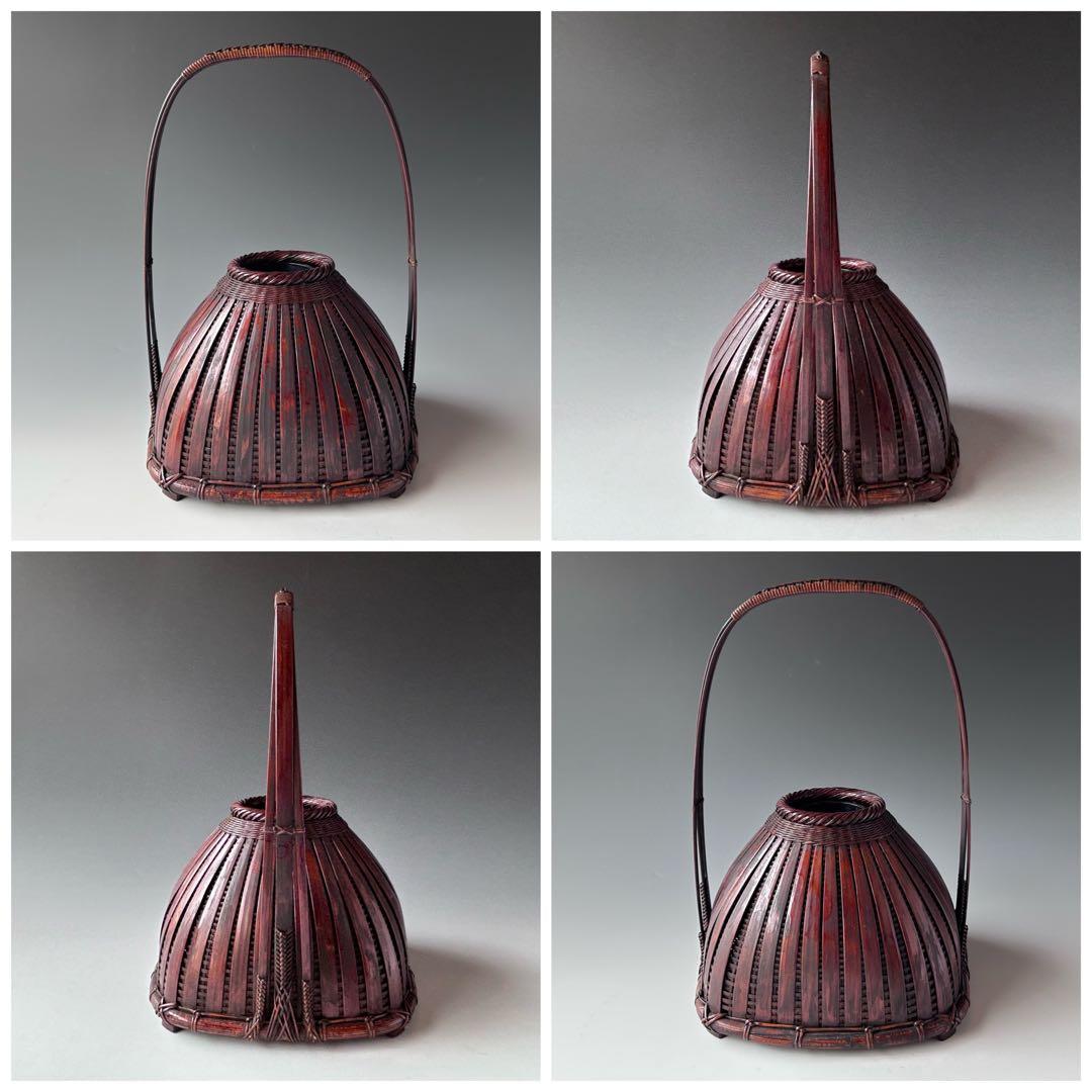 茶道具　煤竹　脛当篭　花入　船橋重郎　共箱　明治　大正　竹工芸　花器　花活け