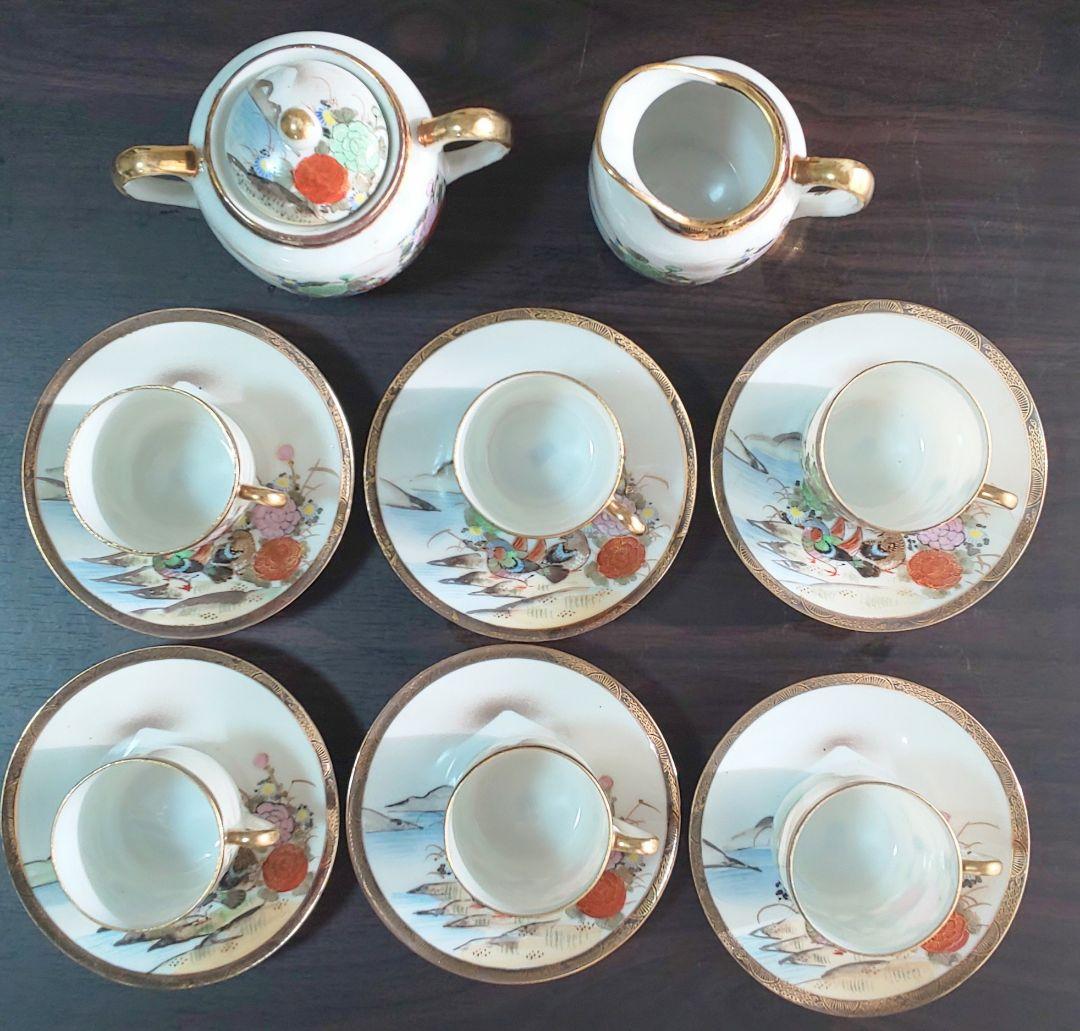 九谷焼 大正時代 金彩花鳥富士模様柄 ティーセット 6客8点セット 陶磁器