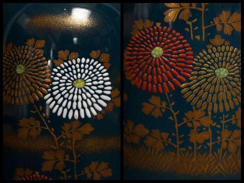 明治期 九谷焼名手 初代須田菁華造 金彩色盛絵『菊画』徳利(一対) 共箱 酒器