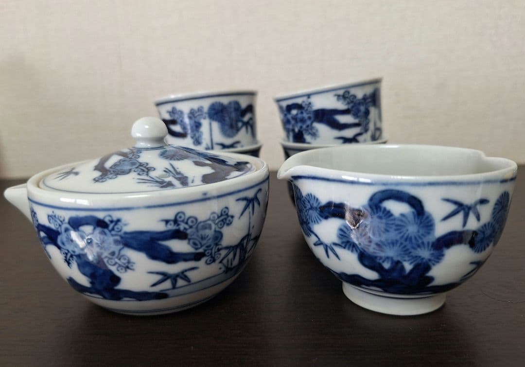 最終値下げ　煎茶器　揃　松竹梅　九谷焼　染付 　煎茶道具　未使用　湯冷まし　茶杯