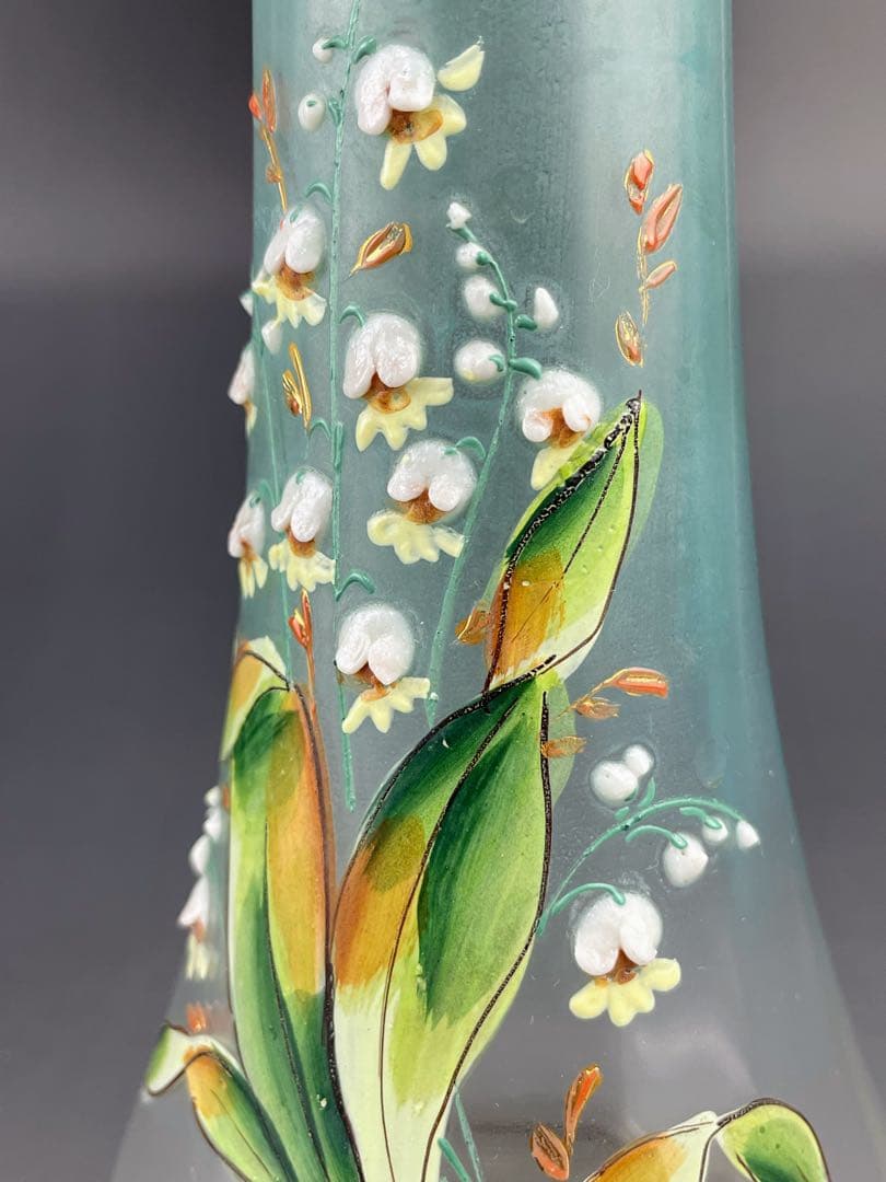 【希少】ボヘミアグラス ２２．５㎝ エナメル盛 スズラン紋 花瓶 一輪挿し