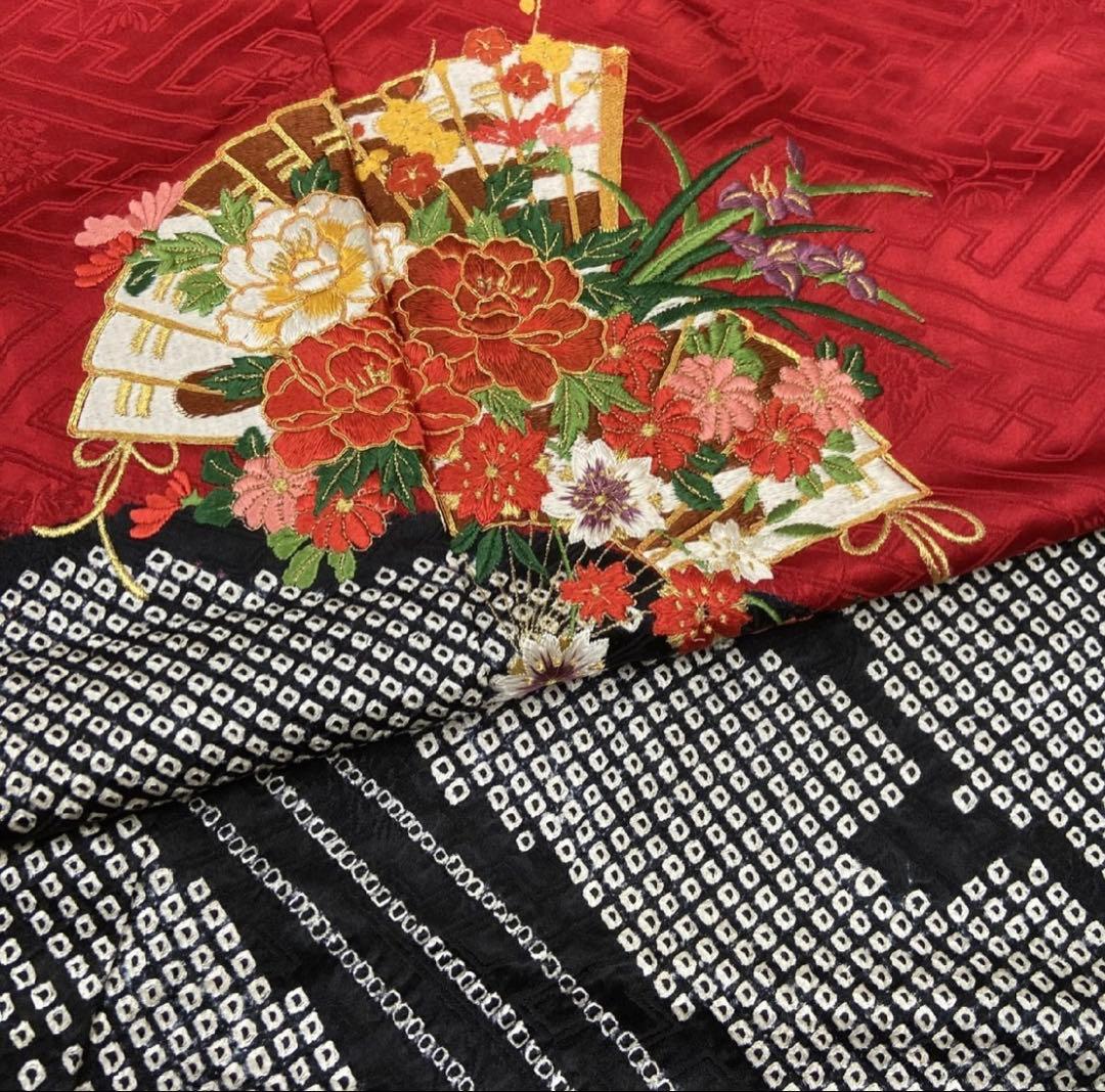 振袖フルセット6点サイズS絞り　正絹　赤色 花柄刺繍 売り切り終了