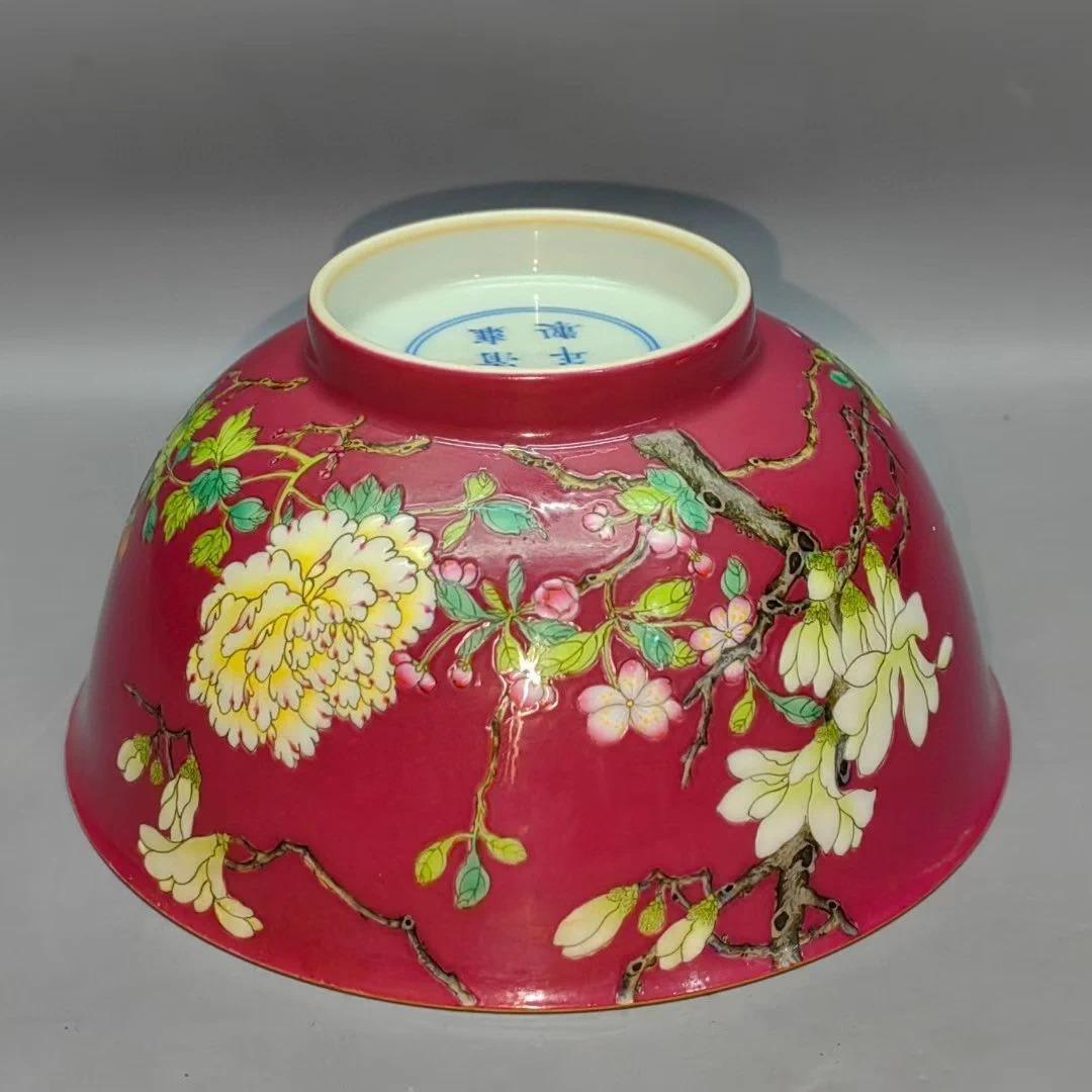 珐琅彩 胭脂紅地 花卉文 碗｜陶磁器｜精巧絵付け｜雍正年制
