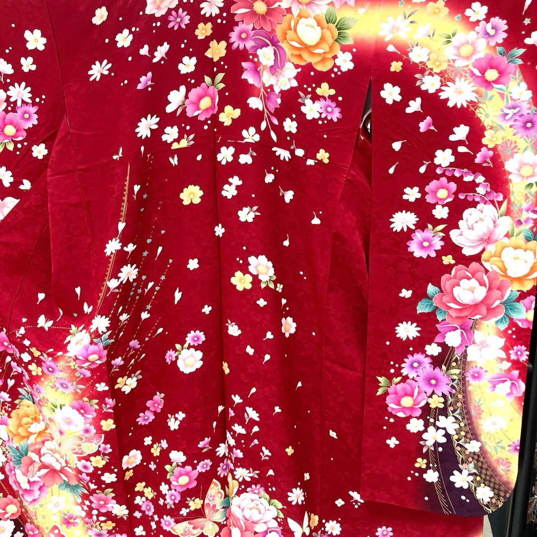 ☆中古品☆振袖　単品　正絹　赤系花・蝶模様Ｂ級品ヤケ有り振袖