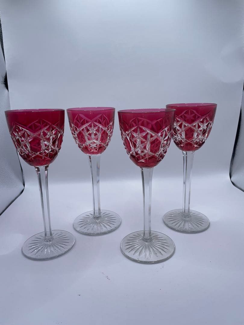 ピンクカットガラスフルートグラス4個セット