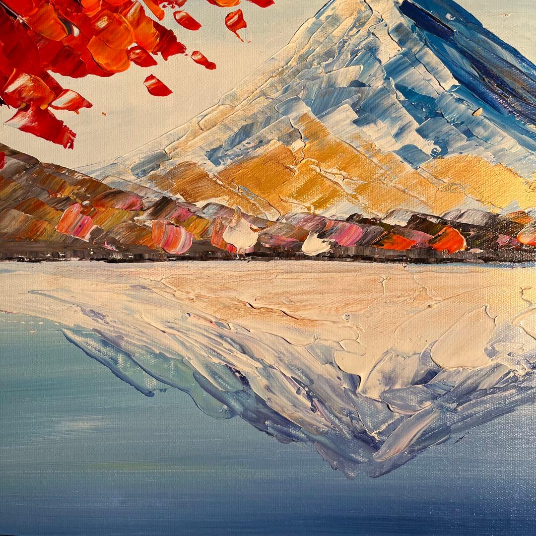 手書き油絵 色づく湖と山 額付き 肉筆絵画 インテリア 油彩画