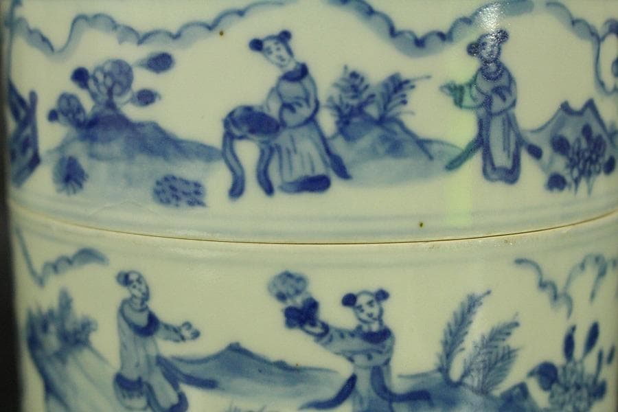 中国美術 青花 人物画 丸段重(LC827)