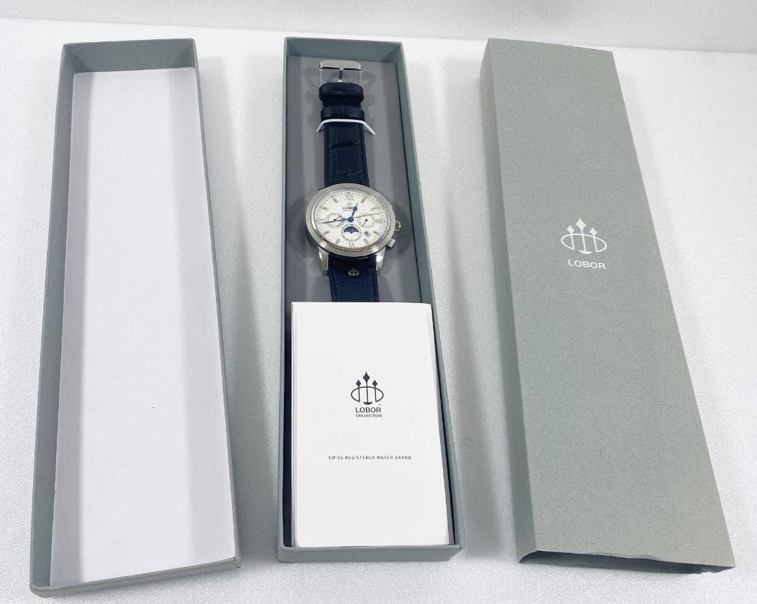 LOBOR 腕時計 男女兼用 ムーンフェイズ シルバー ネイビー