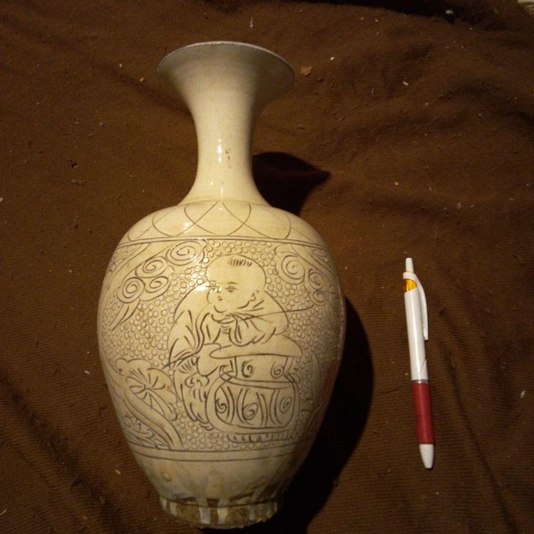 中国陶磁器　宋磁州窯　唐子長頸壺