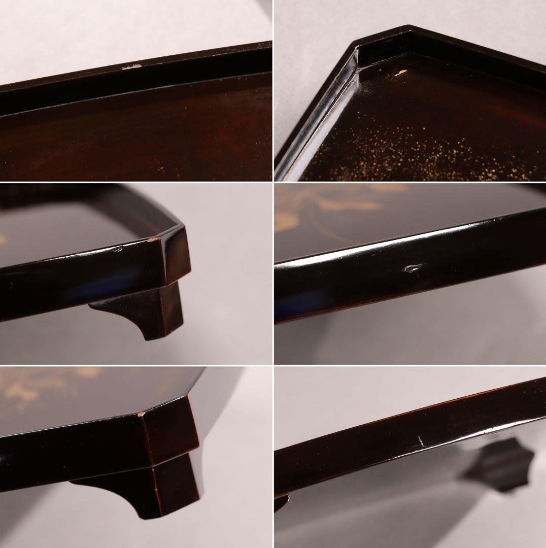 CH74 時代木製漆器 花鳥金蒔絵 黒塗吸物膳 五客 足付 隅切四方膳 盆 梨地