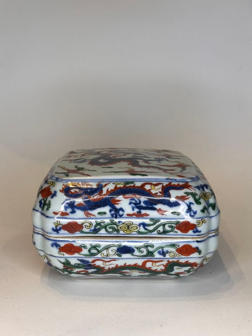 本mercy！中国 明代 大明嘉靖年製 五彩 龍文 蓋盒 四面龍文 骨董品