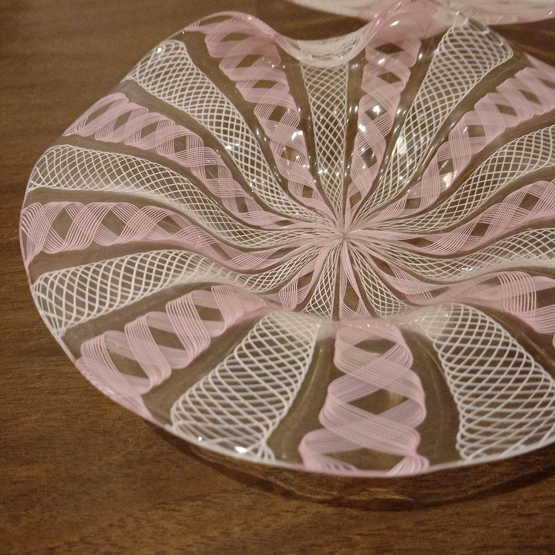 ベネチアンガラス　ムラノ　MURANO　変形皿　2枚　ピンク　レース　インテリア