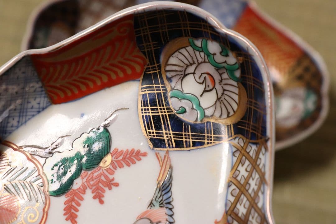 【CM53】古伊万里 桐鳳凰図 変形 刺身皿 五客 鶴 金彩 錦手 菱形 向付