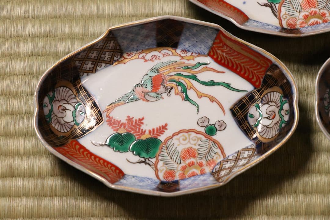 【CM53】古伊万里 桐鳳凰図 変形 刺身皿 五客 鶴 金彩 錦手 菱形 向付