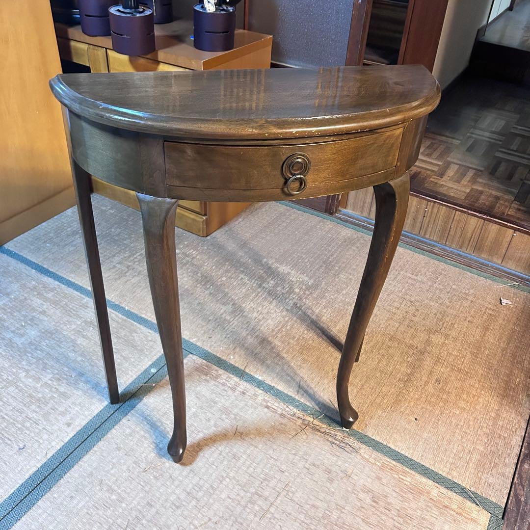 半月 コンソールテーブル 木製 アンティーク調 サイドテーブル 引き出し付き