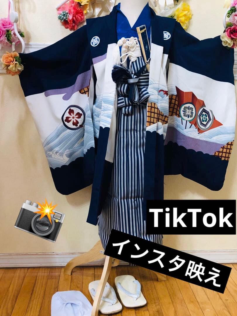 七五三　男の子‼️祝着・羽織・袴セット　鷹扇子波花文金彩⭐︎完全フルセット