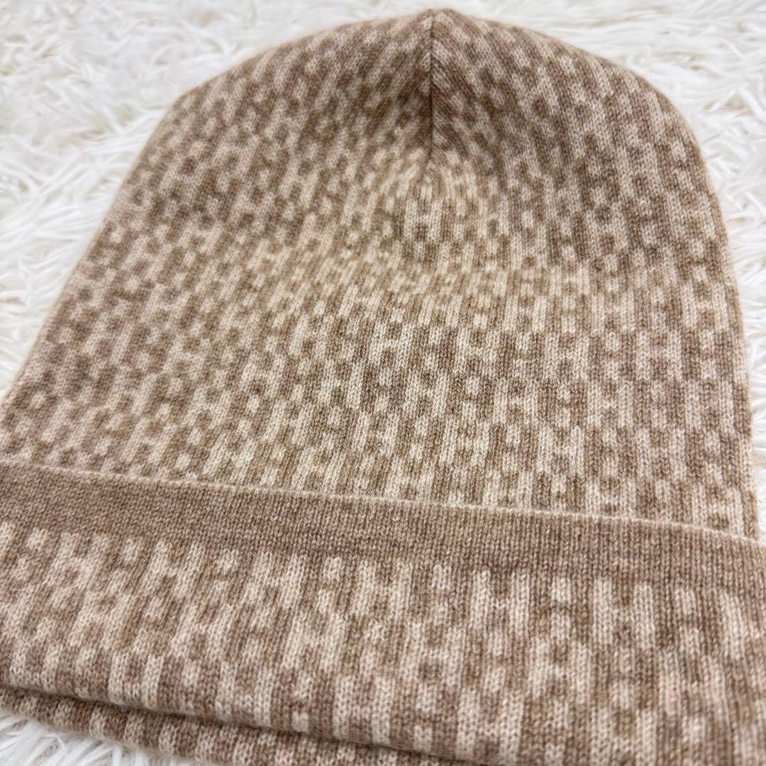【訳あり】HERMES ニット帽　Hロゴ　総柄　ベージュ　カシミア　穴