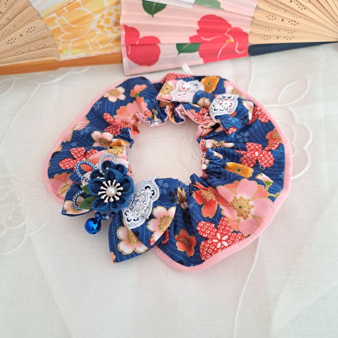 つまみ細工幅広シュシュ(青)わんちゃん猫ちゃん用