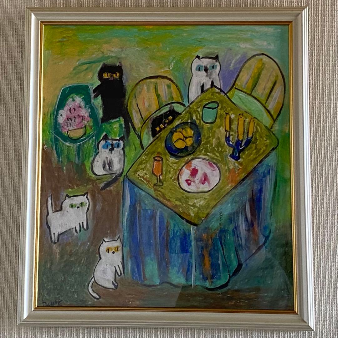 絵画 。壁掛け絵手描き【猫たちのデートの中で素敵なこと】