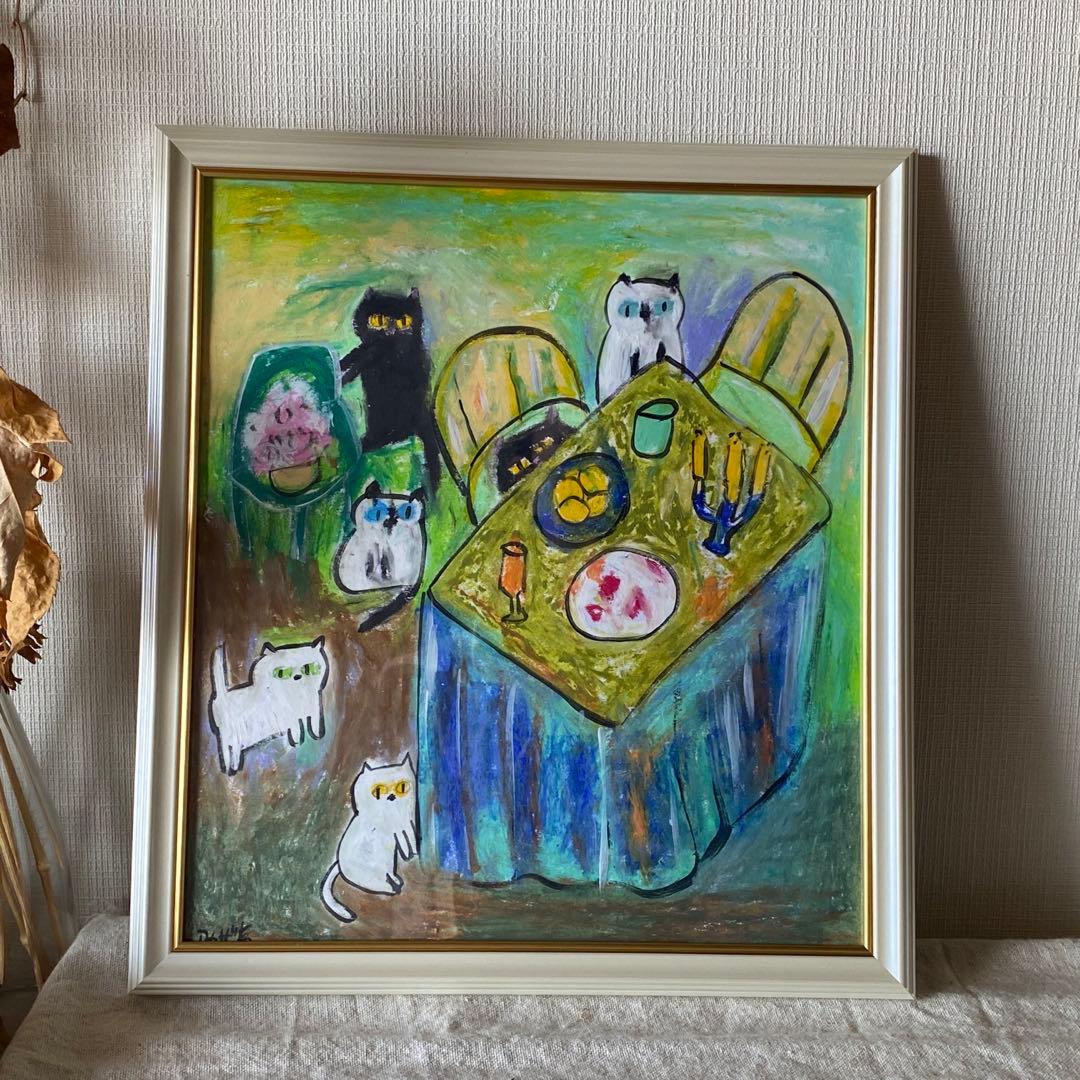 絵画 。壁掛け絵手描き【猫たちのデートの中で素敵なこと】