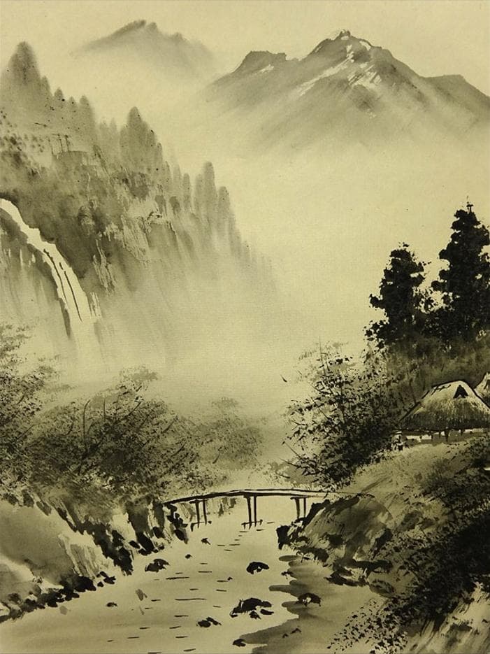 掛軸 翆雪『水墨山水』横書き 絹本 肉筆 共箱 掛け軸 g060220