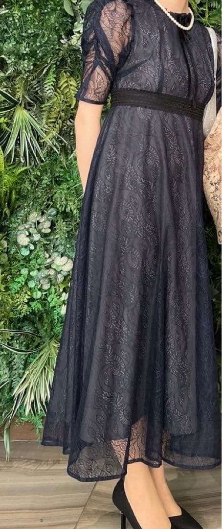 leja ウエストマークパフスリーブレースロングワンピースドレス