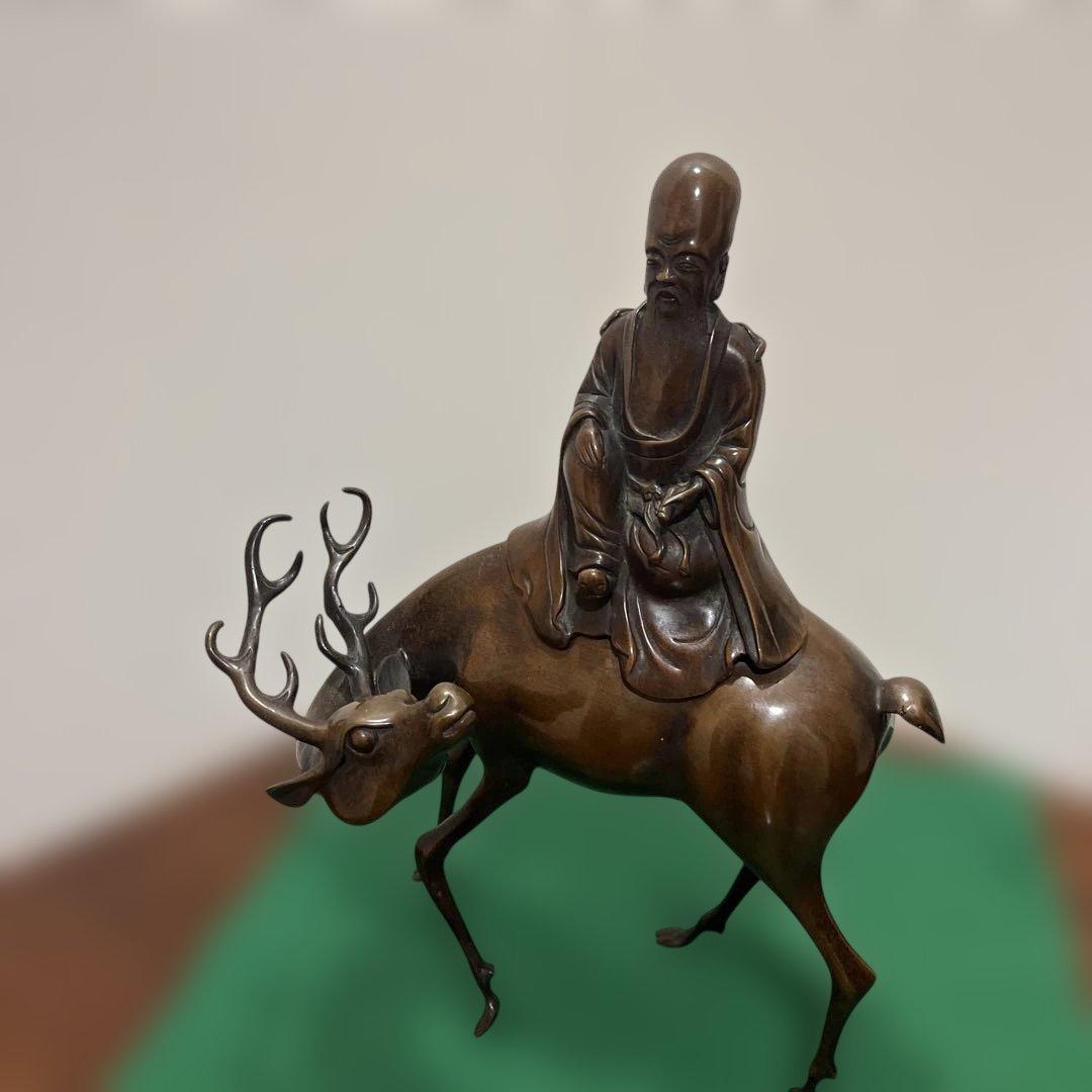 青銅製 鹿に乗る福禄寿　宝珠香炉