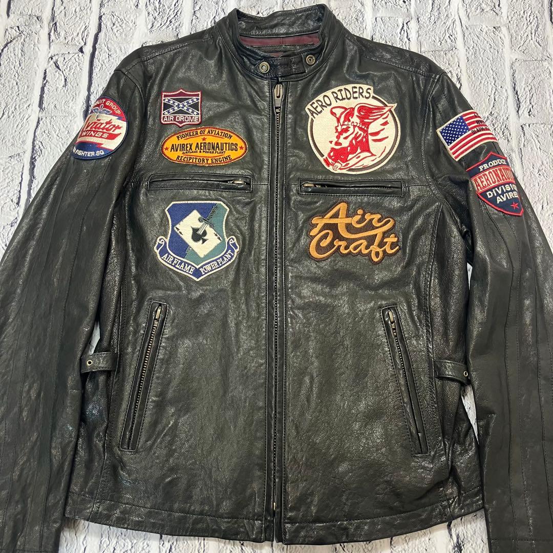 美品 AVIREX ライダース パッチカスタム ゴートレザージャケット 革ジャン