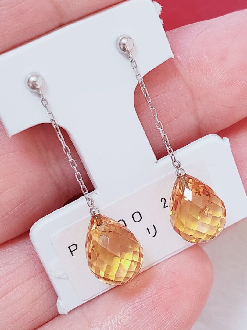 新作 未使用品 pt900 大粒 天然シトリン ロング ピアス