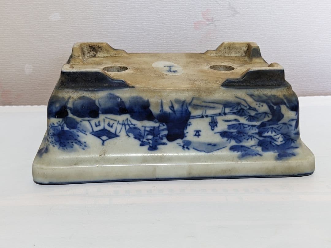 ♦染付山水図 長方角鉢 小品盆栽鉢 ミニ盆栽鉢 作家物 美術品 工芸品 骨董品