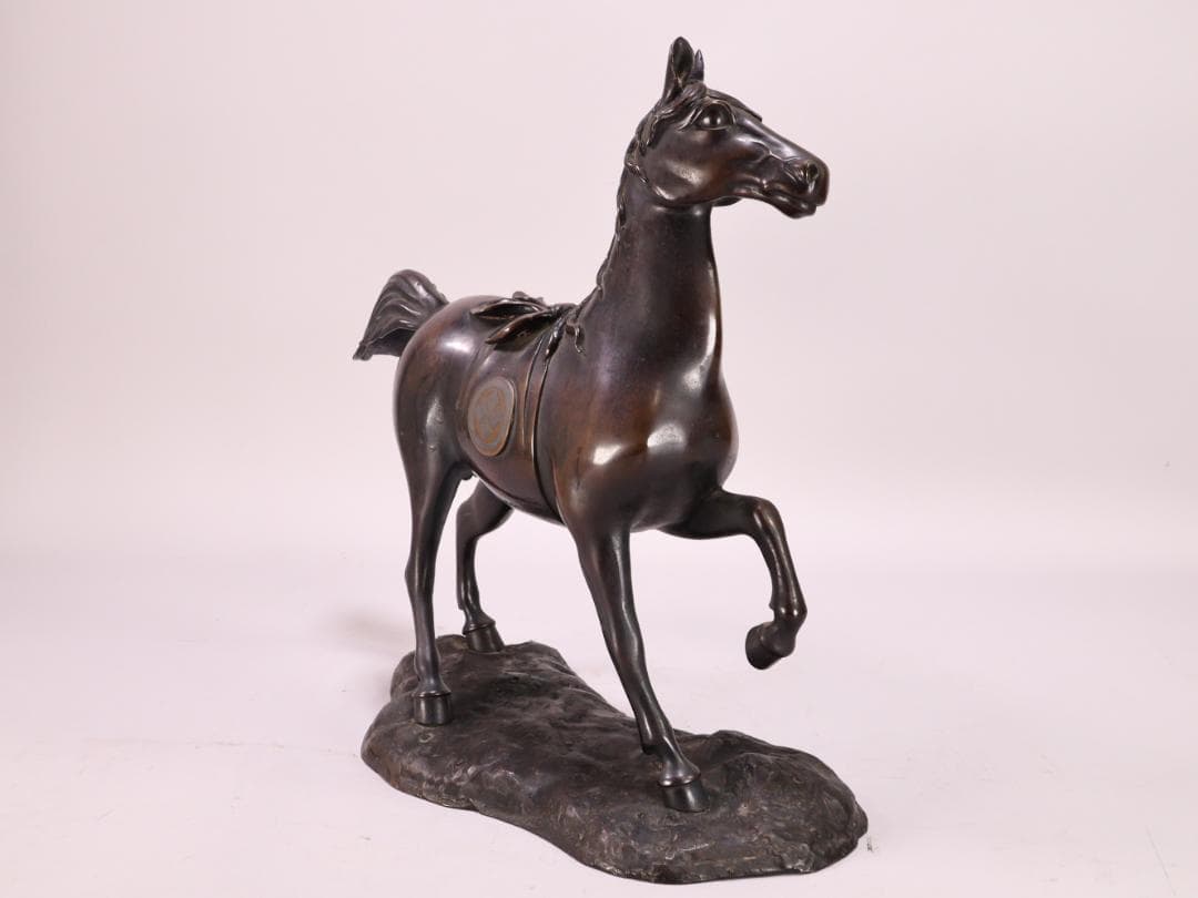 BK198　時代金工　古銅製　大名馬　置物　床飾　ブロンズ像　家紋　武田菱