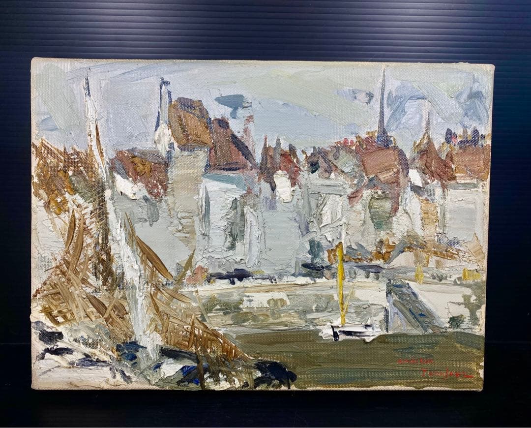 真作保証 岡崎勇次 「オンフルルの漁港」 肉筆油彩4号 フランス オンフルール