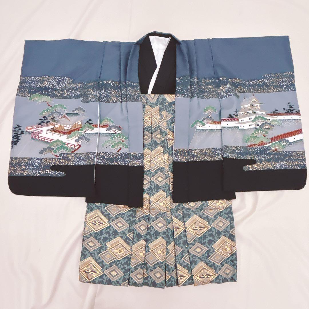 七五三5歳男の子　羽織袴セット　グレー黒　騎馬柄