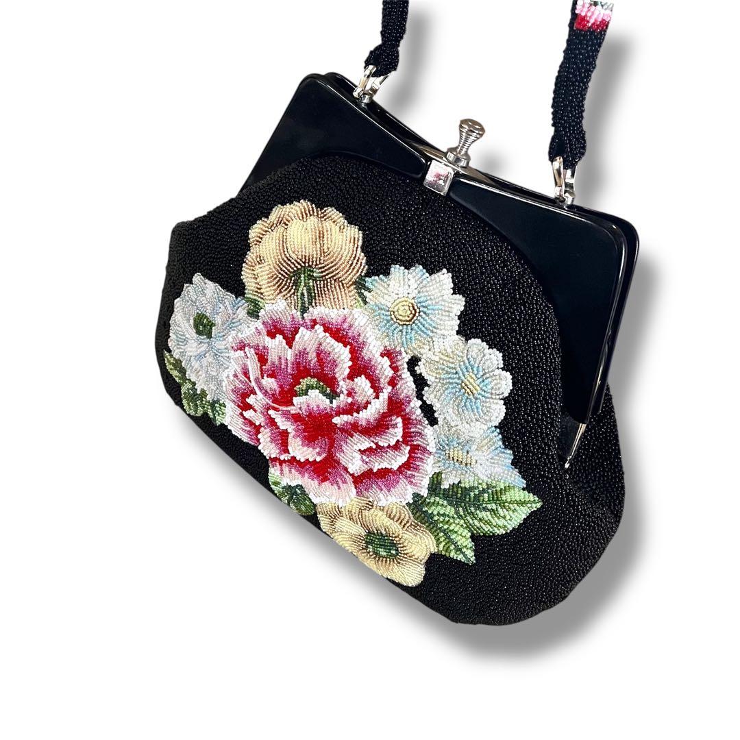 昭和レトロ　ヴィンテージ総ビーズバッグ　 花柄ハンドバッグ 黒がま口