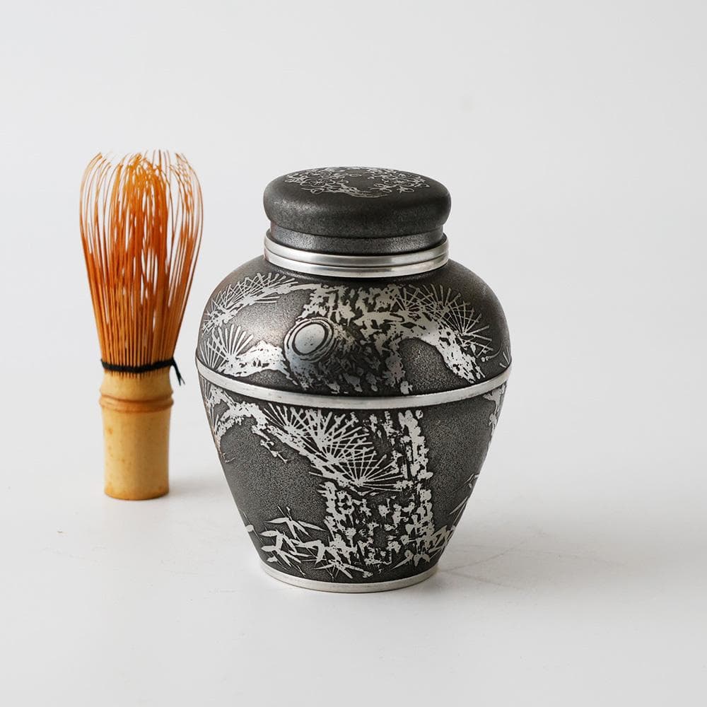 T 上錫　錫半　茶入　茶壺　茶入壺　四君子文　金属工芸　441ｇ