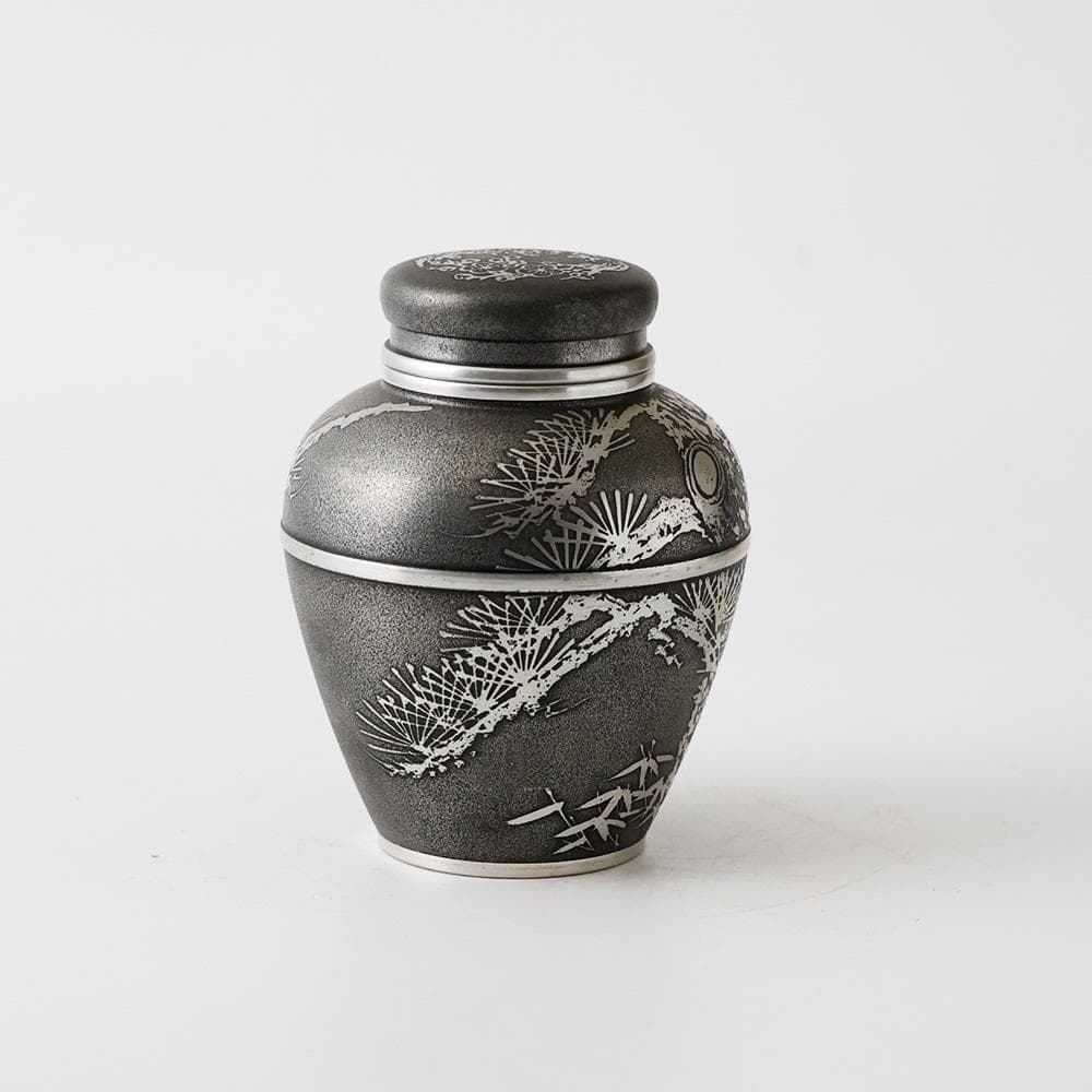 T 上錫　錫半　茶入　茶壺　茶入壺　四君子文　金属工芸　441ｇ