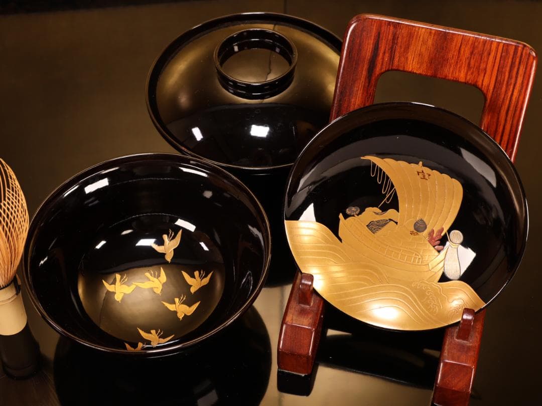 BK407　時代輪島塗　宝船図金蒔絵　波千鳥　吸物椀　二客　木製　茶道具 懐石