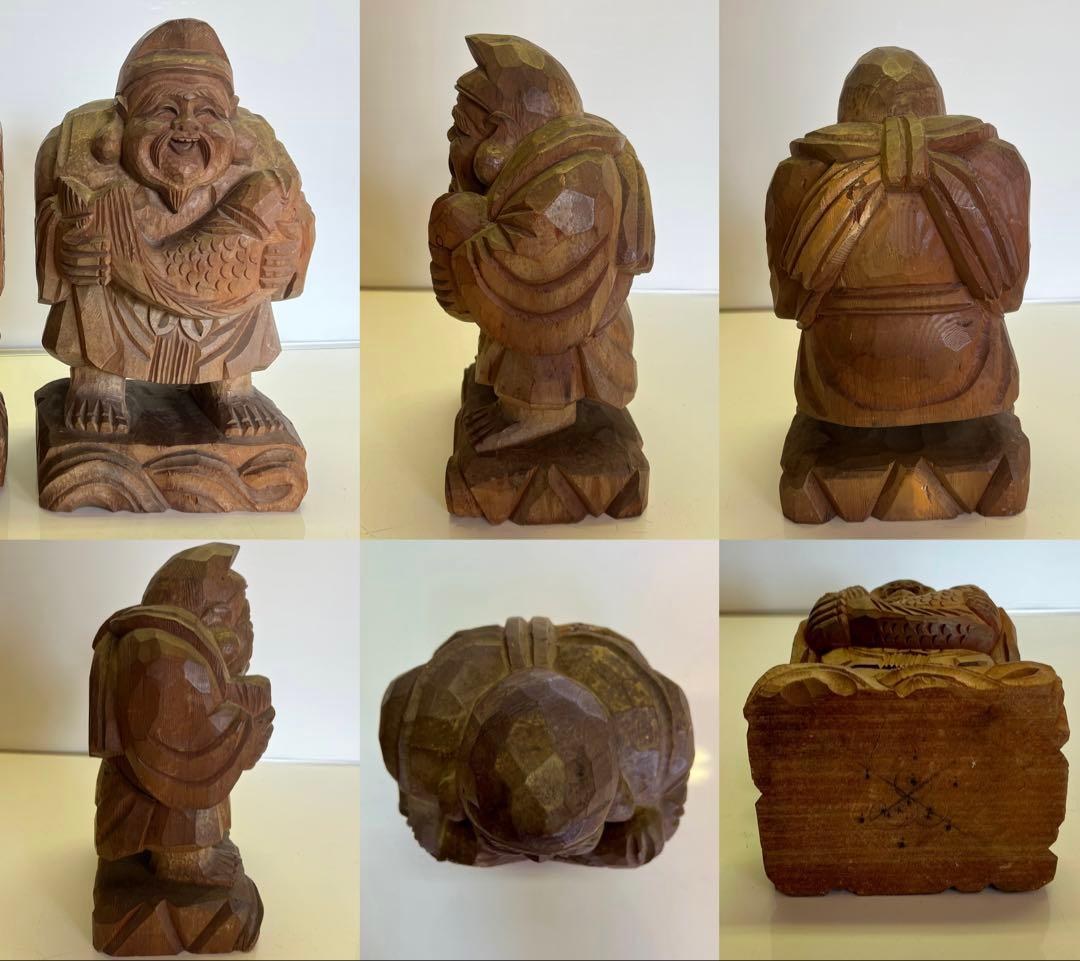 明治期 木彫 恵比寿大黒像 一対 商売繁盛 福神像 高さ35cm◎古美術 庵々