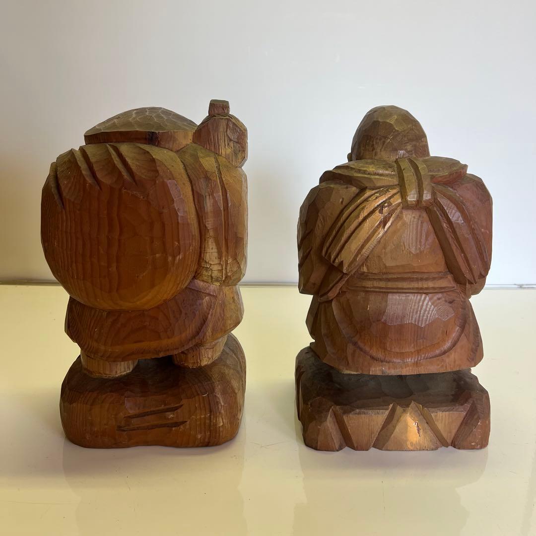 明治期 木彫 恵比寿大黒像 一対 商売繁盛 福神像 高さ35cm◎古美術 庵々