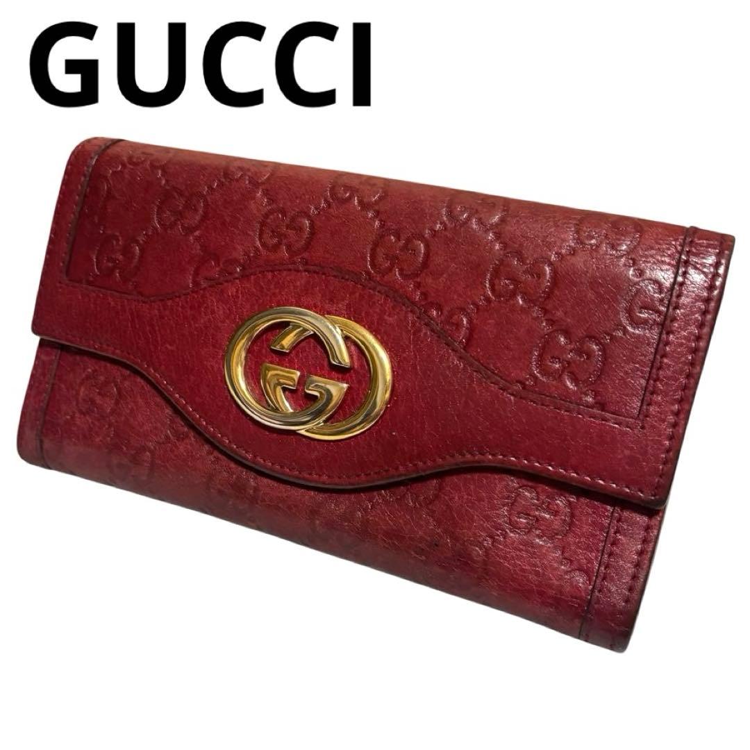 人気　グッチ　長財布　GGシマ　レザー　レッド　GG柄　インターロッキング